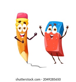 Cartoon funny school pencil and eraser characters. Happy smiling two sided pencil ink and pen rubber eraser, cute pencil drawing on white background. School or office stationery vector mascots