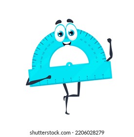 Cartoon funny school protractor character. Isolated vector ruler personage on white background. Scale with smiling face. Measuring tool for mathematics and geometry lessons, funny maths instrument