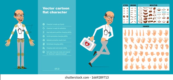 Cartoon funny scientist or doctor with stethoscope and glasses. Ready for animations. Face expressions, eyes, brows, mouth and hands easy to edit. Isolated on blue background. Big vector icon set.