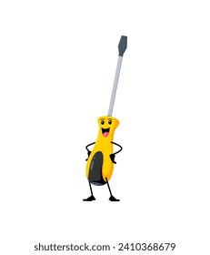 Cartoon funny screwdriver diy, building and repair tool character. Isolated vector personage with googly eyes and a playful grin, ready to tackle any fix-it adventure with its handy tool capabilities