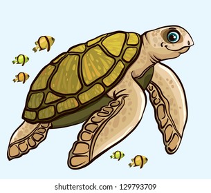 Cartoon funny sea turtle with yellow fish