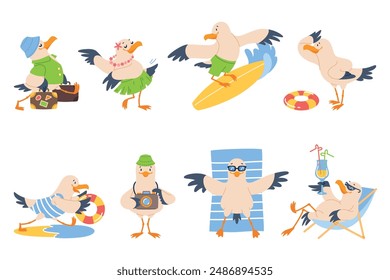 Cartoon funny seagull character. Nautical bird different poses and actions, travel agency cute mascot, summer marine vacation, seabird surfing and relax on beach, sea adventure, vector set