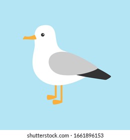 Cartoon funny seagull posing isolated on blue background