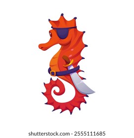 Cartoon funny seahorse animal pirate character with an eye patch and cutlass, seeking treasures and adventure on sea bottom. Isolated vector plucky hippocampus corsair underwater captain personage