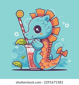 Cartoon funny seahorse mascot drinking beverage vector illustration character summer animal icon