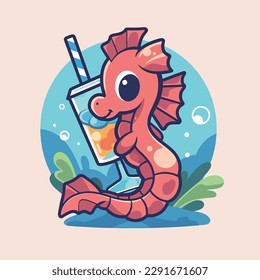 Cartoon funny seahorse mascot drinking beverage vector illustration character summer animal icon