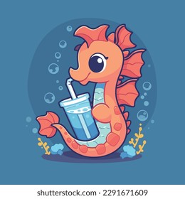 Cartoon funny seahorse mascot drinking beverage vector illustration character summer animal icon