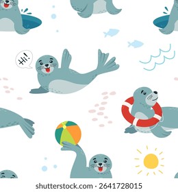 Cartoon funny seals seamless pattern. Baby seal play and laugh. Cute underwater arctic animals. Animalistic print for fabric design, classy vector background