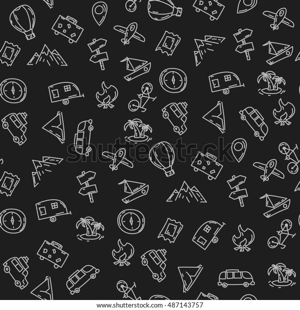 Cartoon funny\
seamless pattern travel . Hand drawn objects and symbols. Vector\
illustration for backgrounds, web design, design elements, textile\
prints, covers, greeting\
cards.