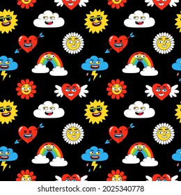 Cartoon funny seamless pattern. Vector illustration of comic heart, sun, rainbow, clouds, abstract faces etc in trendy retro cartoon style.