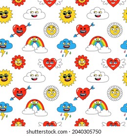 Cartoon funny seamless pattern. Vector illustration of comic heart, sun, rainbow, clouds, abstract faces etc in trendy retro cartoon style.