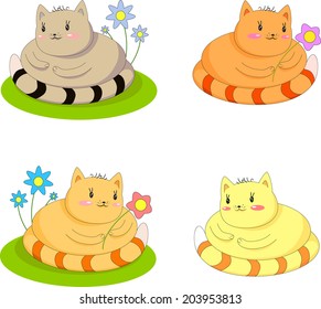 Cartoon funny set of cute fat cats with flowers