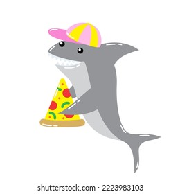 Cartoon funny Shark in baseball cap  with pizza slice. Hand drawn vector illustration isolated on white. 