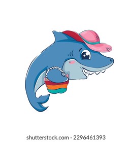 Cartoon funny shark with a beach bag and a beach hat. Vector illustration of the underwater world.