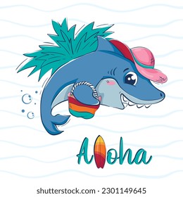 Cartoon funny shark with a beach bag and a hat among the waves. Postcard with the inscription aloha. Vector illustration of the underwater world.