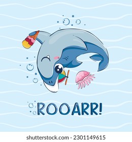 Cartoon funny shark in a cap with a propeller and ice cream among the waves. Postcard with the inscription roar. Vector illustration of the underwater world.