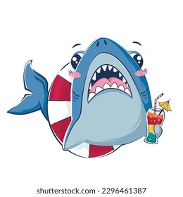 Cartoon funny shark with a cocktail in an inflatable circle. Vector illustration of the underwater world.