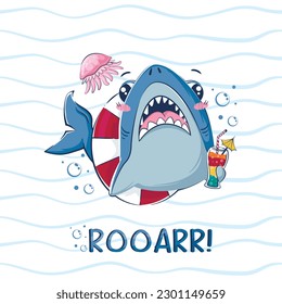 Cartoon funny shark with a cocktail in an inflatable circle and with a jellyfish among the waves. Postcard with the inscription roar. Vector illustration of the underwater world.