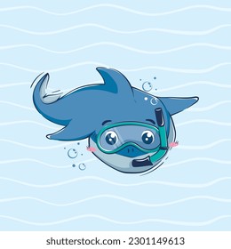 Cartoon funny shark is diving in a diving mask among the waves. Vector illustration of the underwater world.