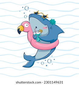 Cartoon funny shark drinks a summer cocktail in an inflatable circle in the form of a flamingo among the waves. Vector illustration of the underwater world.