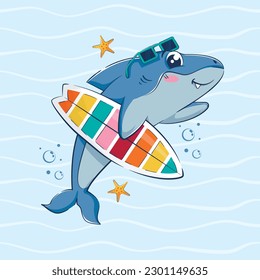 Un tiburón gracioso de dibujos animados sostiene una tabla de surf entre las olas. Ilustración vectorial del mundo submarino.