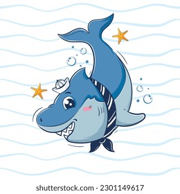 Cartoon funny shark in a sailor cap among the waves and starfish. Vector illustration of the underwater world.