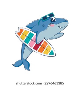 Cartoon funny shark says hello holding a surfboard. Vector illustration of the underwater world.