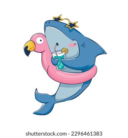 El tiburón gracioso de dibujos animados con gafas de sol bebe un cóctel en un círculo inflable en forma de flamingo. Ilustración vectorial del mundo submarino.