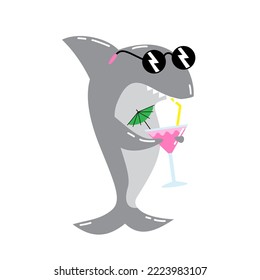 Cartoon funny Shark in sunglasses  with pink coctail. Hand drawn vector illustration isolated on white. 