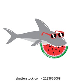 Cartoon funny Shark in sunglasses with watermelon slice. Hand drawn vector illustration isolated on white. 