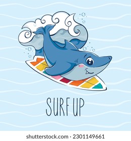 Cartoon funny shark is surfing among the waves. Postcard with the inscription surf up. Vector illustration of the underwater world.