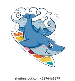 Cartoon funny shark is surfing on the wave. Vector illustration of the underwater world.