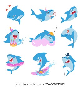 Cartoon funny sharks. Cute shark various emotions, ocean sea predator activities. Underwater life wild characters, isolated childish mascots nowaday vector set