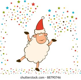 Cartoon funny sheep with banger. Vector Christmas illustration