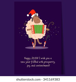 Cartoon funny sheep with garland. Vector Christmas illustration