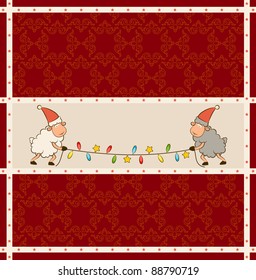 Cartoon funny sheep with garland. Vector Christmas illustration