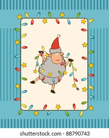 Cartoon funny sheep with garland. Vector Christmas illustration
