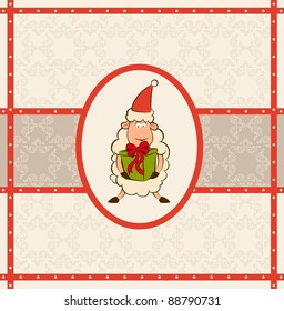 Cartoon funny sheep with gift. Vector Christmas illustration