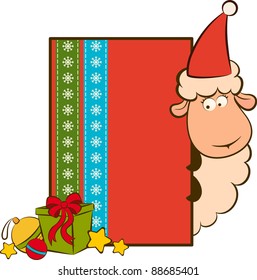 Cartoon funny sheep with gifts. Vector Christmas illustration