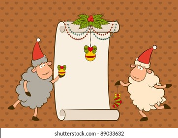 Cartoon funny sheep with gifts. Vector Christmas illustration