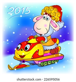 Cartoon funny sheep goes on a snowmobile.