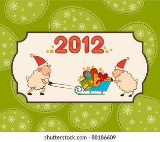 Cartoon funny sheep heaves up sledges with gifts. Vector illustration