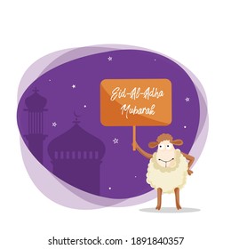 Cartoon Funny Sheep holding a Sign Board of Eid-Al-Adha Mubarak on Purple Silhouette Mosque and White Background.