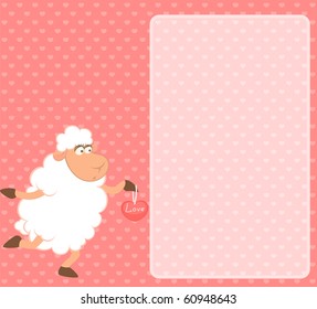 cartoon funny sheep holds a heart