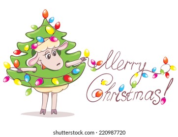 Cartoon funny sheep with light bulbs. Vector hand drawn Christmas illustration