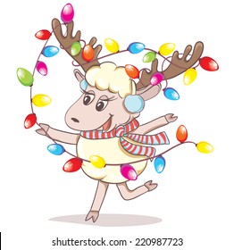 Cartoon funny sheep with light bulbs on the horns. Vector hand drawn Christmas illustration