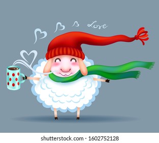 cartoon funny sheep in love with coffee mug on grey background.