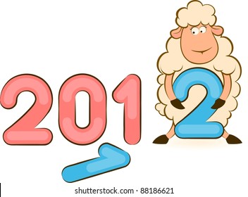 Cartoon funny sheep with numbers 2012 year. Vector Christmas illustration