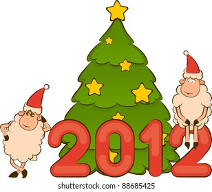 Cartoon funny sheep and numbers 2012 year. Vector Christmas illustration
