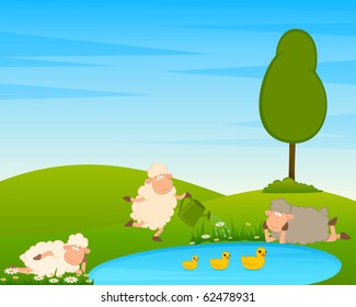 Cartoon funny sheep on country landscape with tree and lake. Vector illustration